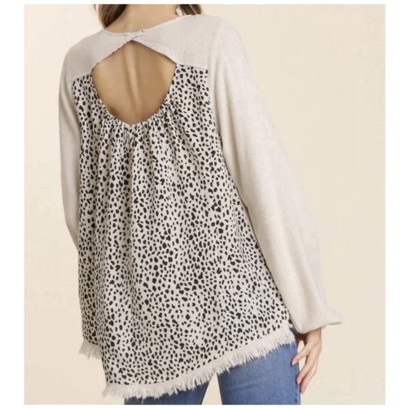 Umgee Oatmeal Dalmatian Print Linen Tunic Top M - Picture 2 of 9